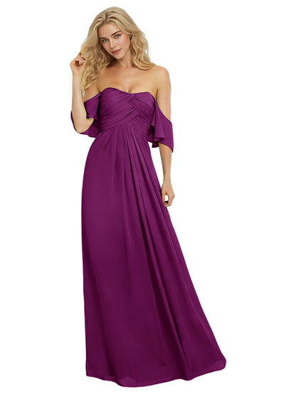Off Shoulder Chiffon Bridesmaid Dress with Bow Sleeve Detail