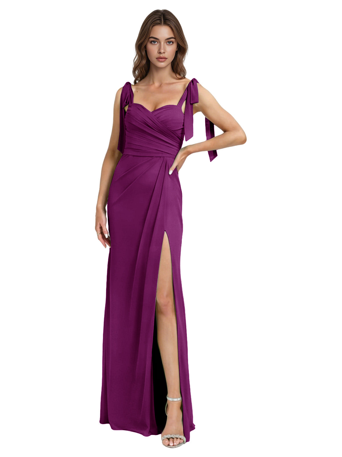 Tie Strap Chiffon Bridesmaid Dress with Square Neck and High Slit