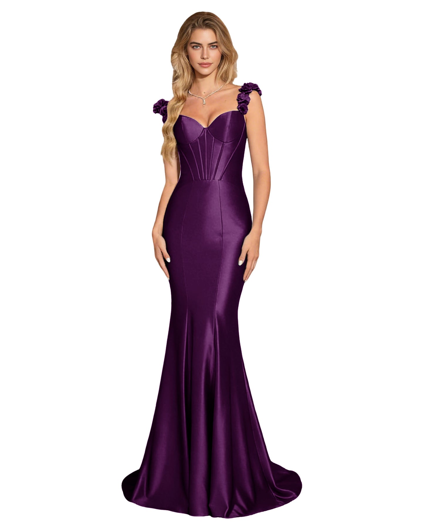 Floral Strap Satin Mermaid Prom Dress with Corset Bodice and Sweep Train