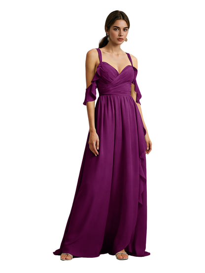 Cold Shoulder Chiffon Bridesmaid Dress with Draped V-Neck Bodice