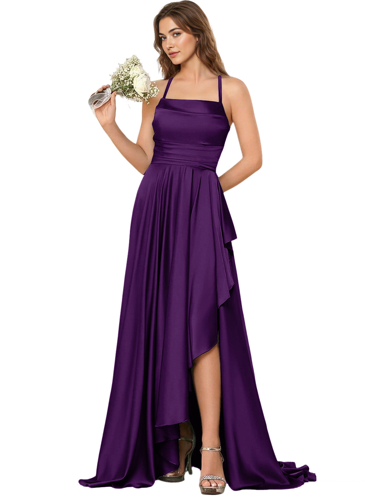 Open Back Halter Bridesmaid Dress with High Low Overlay dress