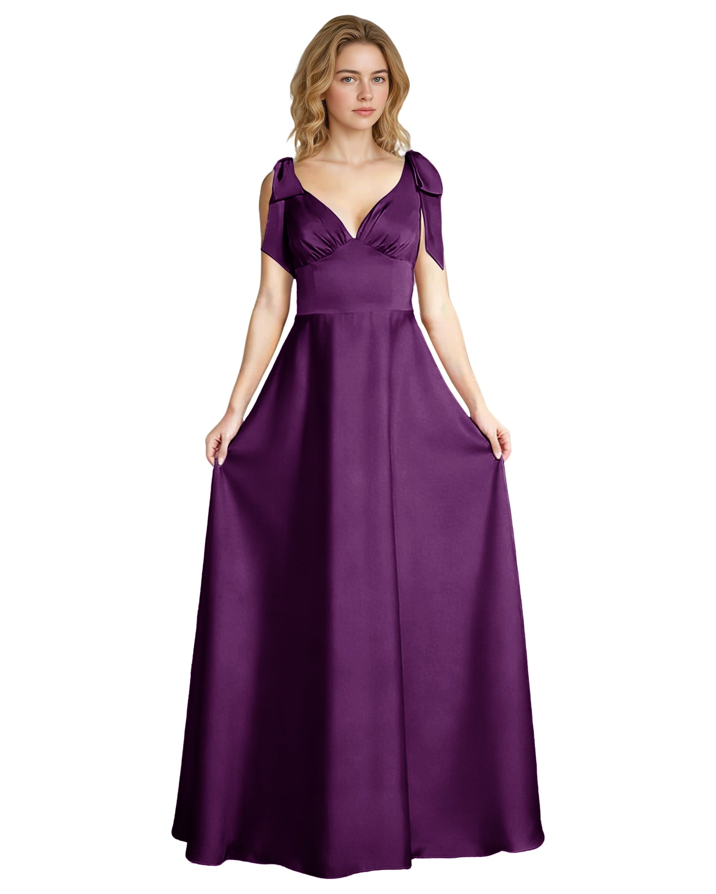 V-Neck Bow Strap Satin Bridesmaid Dress with Empire Waist