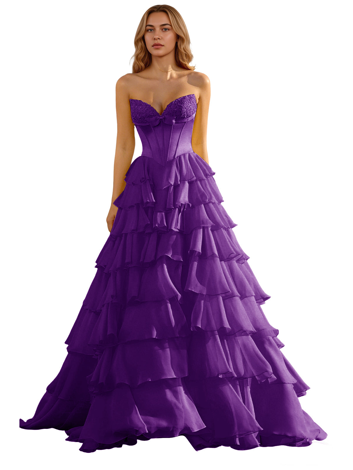 Strapless Tiered Organza Ball Gown Prom Dress with Corset Top