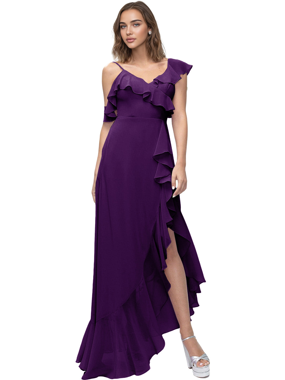 Asymmetrical Ruffle Chiffon Bridesmaid Dress with High Low Slit
