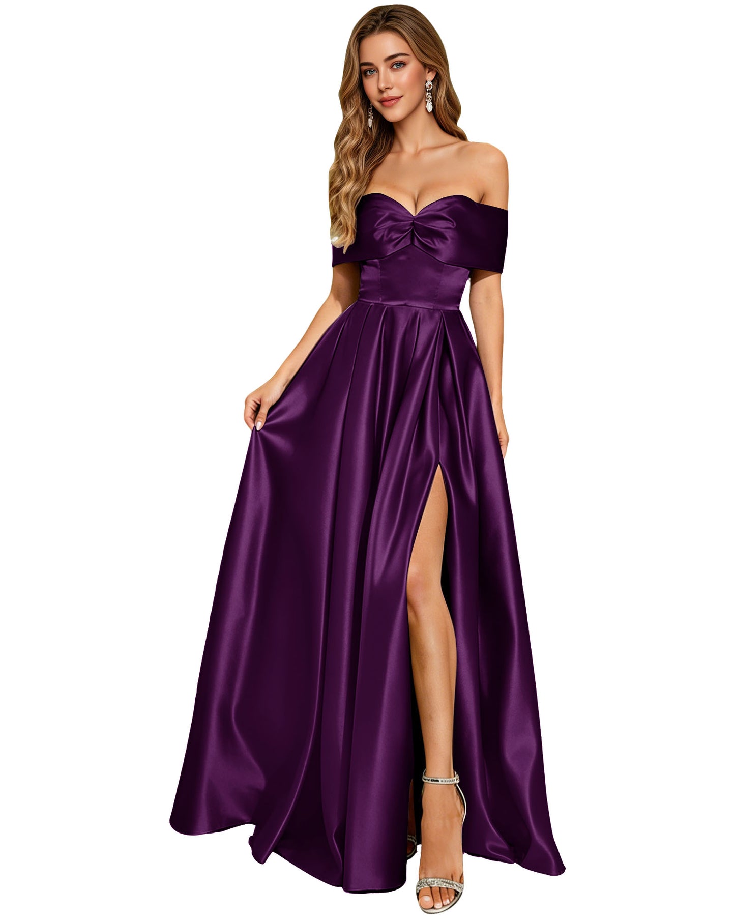 Strapless Bow Satin A-Line Prom Dress with Pleated Bodice and Slit