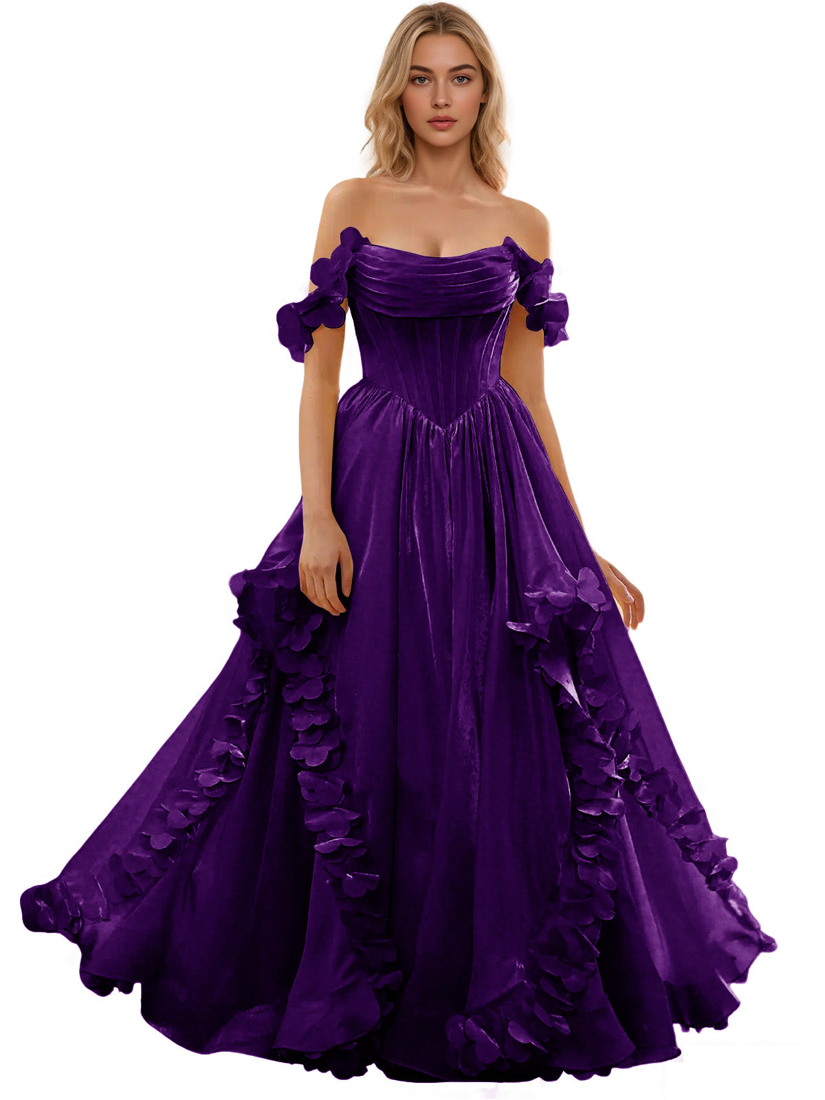 Off Shoulder Ruffle Tulle Ball Gown Prom Dress with Floral Applique