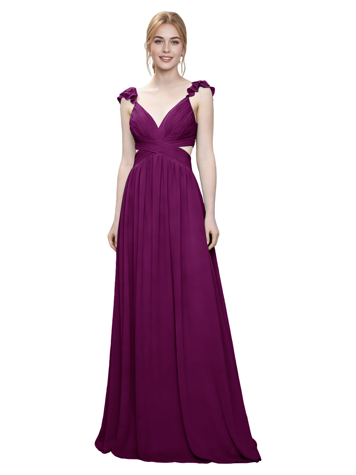 Ruffle Strap V-Neck Tulle Bridesmaid Dress with Pleated Waist