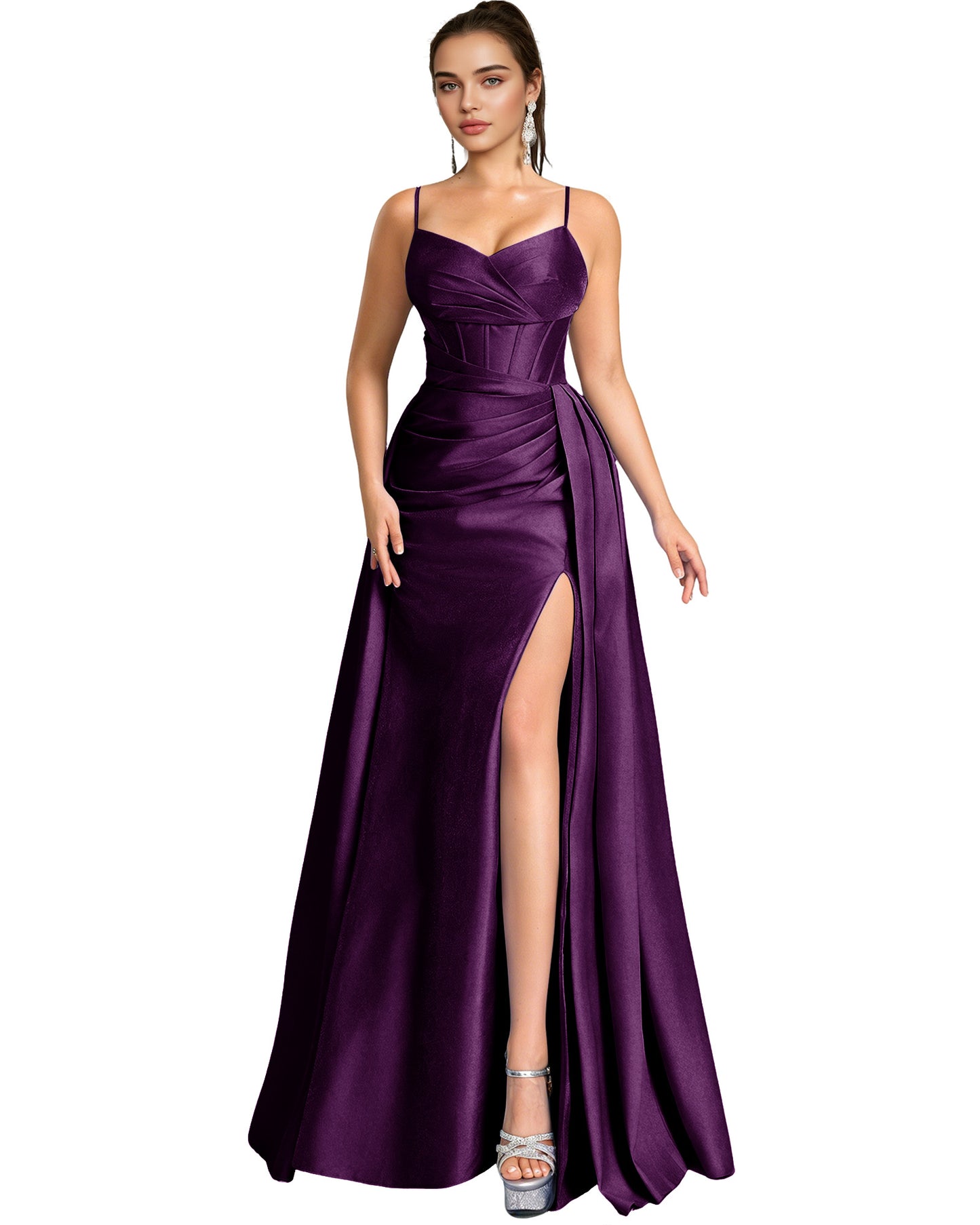 One Shoulder Satin A-Line Prom Dress with Wrap Bodice and Side Slit