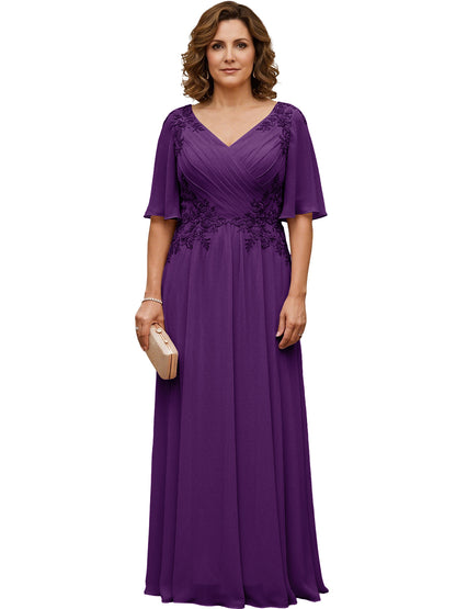 Mother of the Bride Dress Long Chiffon A-Line Gown with Flutter Sleeves and Beaded Lace