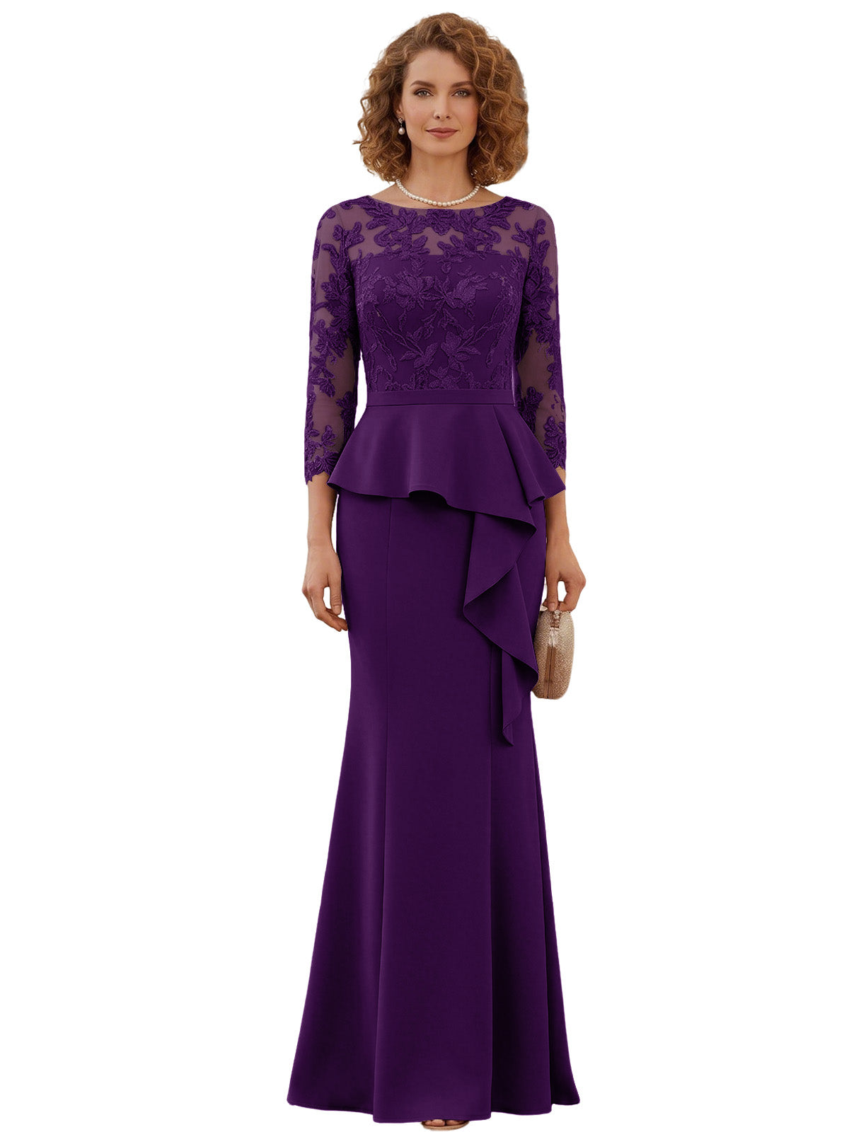 Long Mother of the Bride Dress Lace Illusion Bodice Peplum Mermaid Formal Evening Gown
