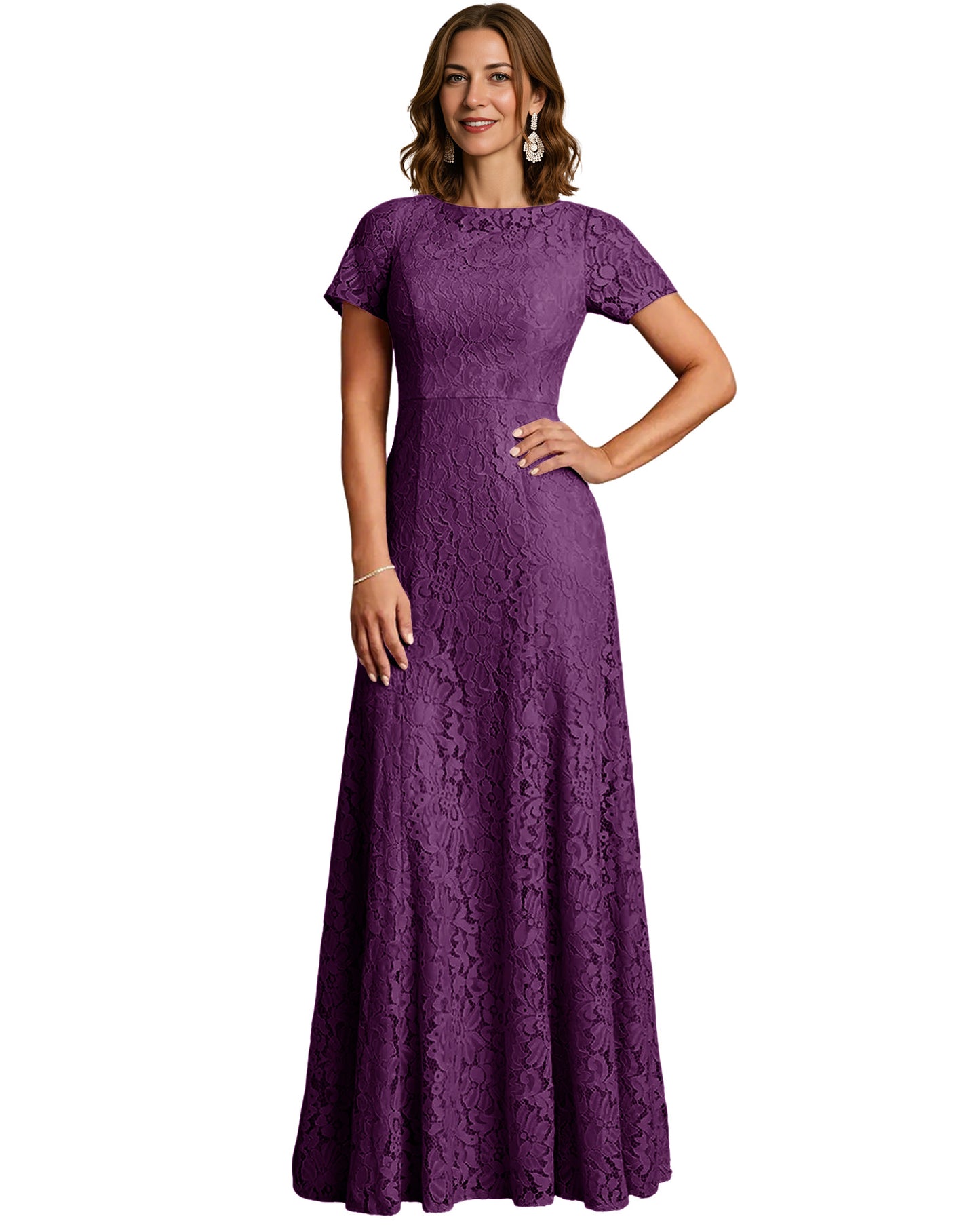 Long Lace Mother of the Bride Dress Short Sleeve Mermaid Gown with Crew Neckline