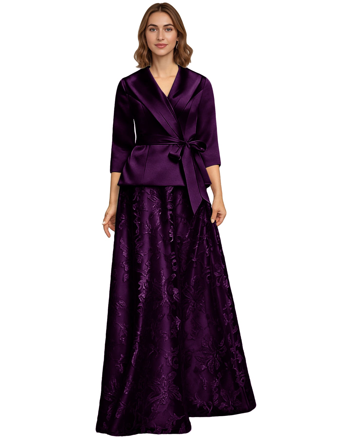 Two Piece Mother of the Bride Dress Satin Wrap Top Embroidered Long Skirt Formal Set