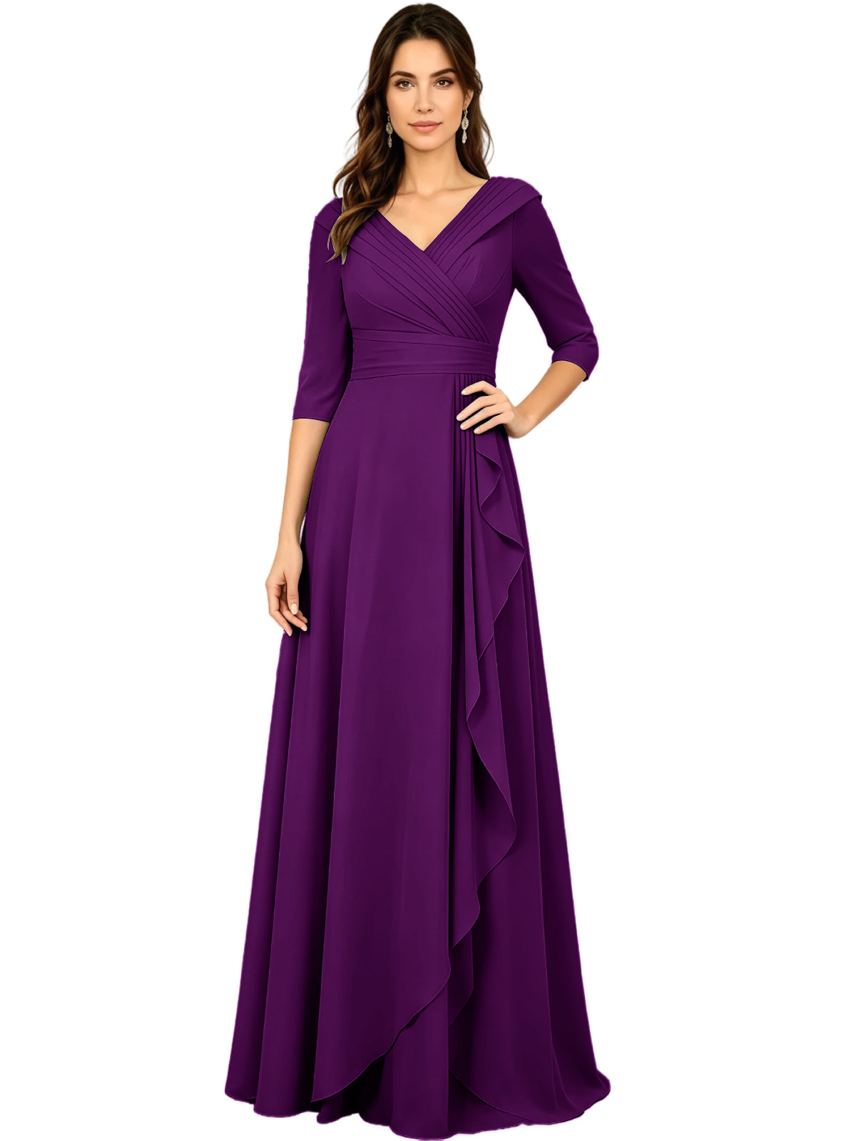 Long V-Neck Mother of the Bride Dress Chiffon Half Sleeve A-Line Gown with Side Ruffle