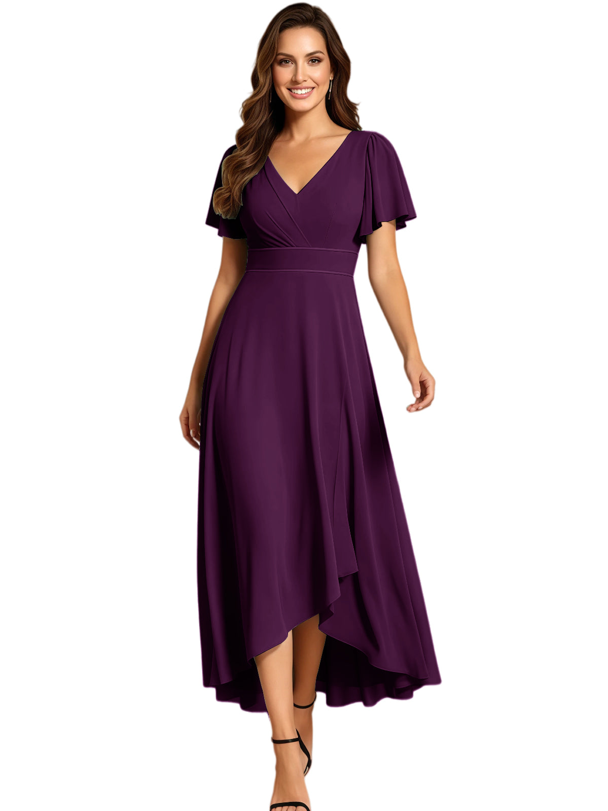 High Low Mother of the Bride Dress V-Neck Flutter Sleeve Chiffon Formal Gown