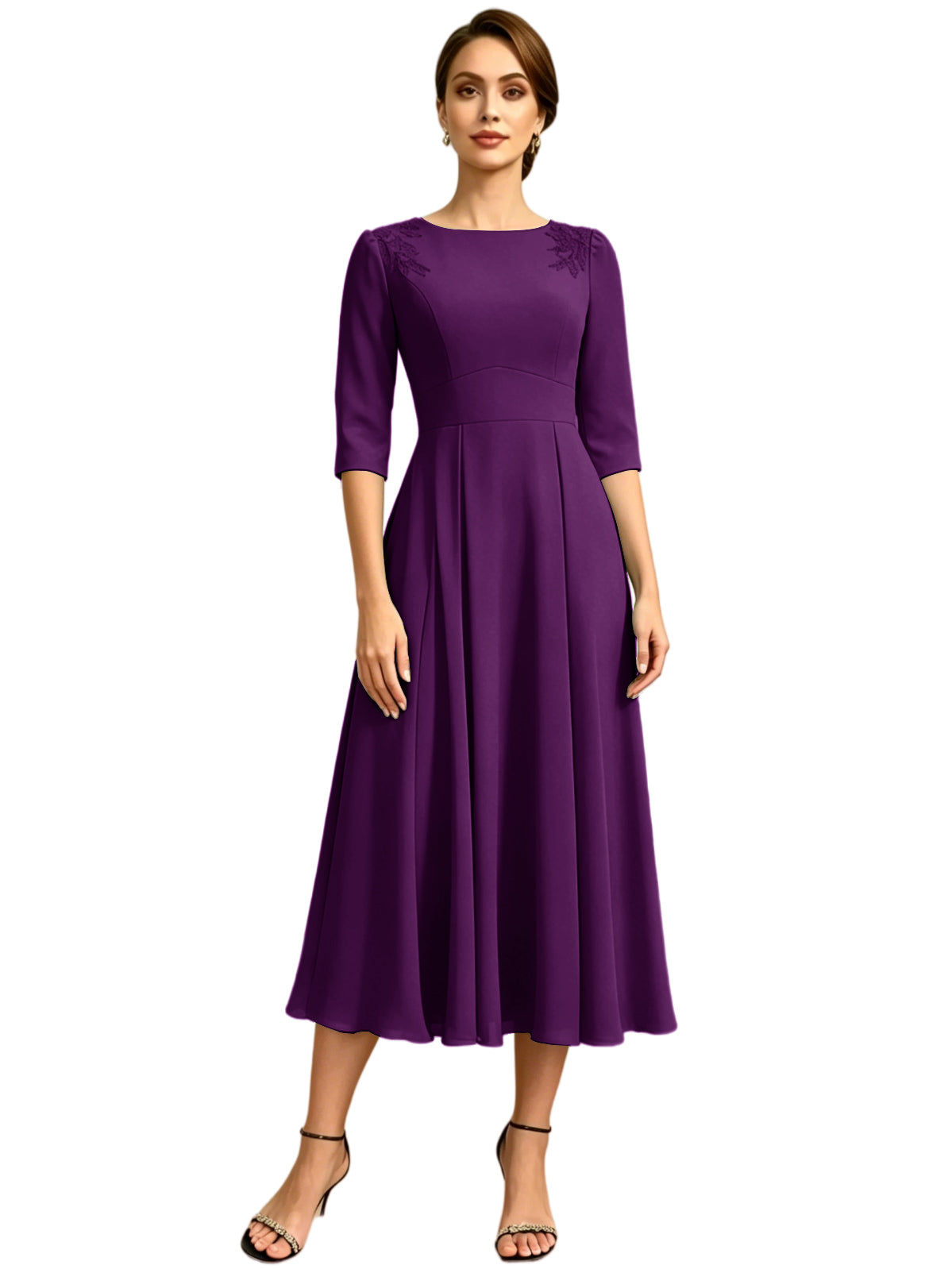 Tea Length Mother of the Bride Dress Jewel Neck Chiffon A-Line Formal Gown with Embroidery