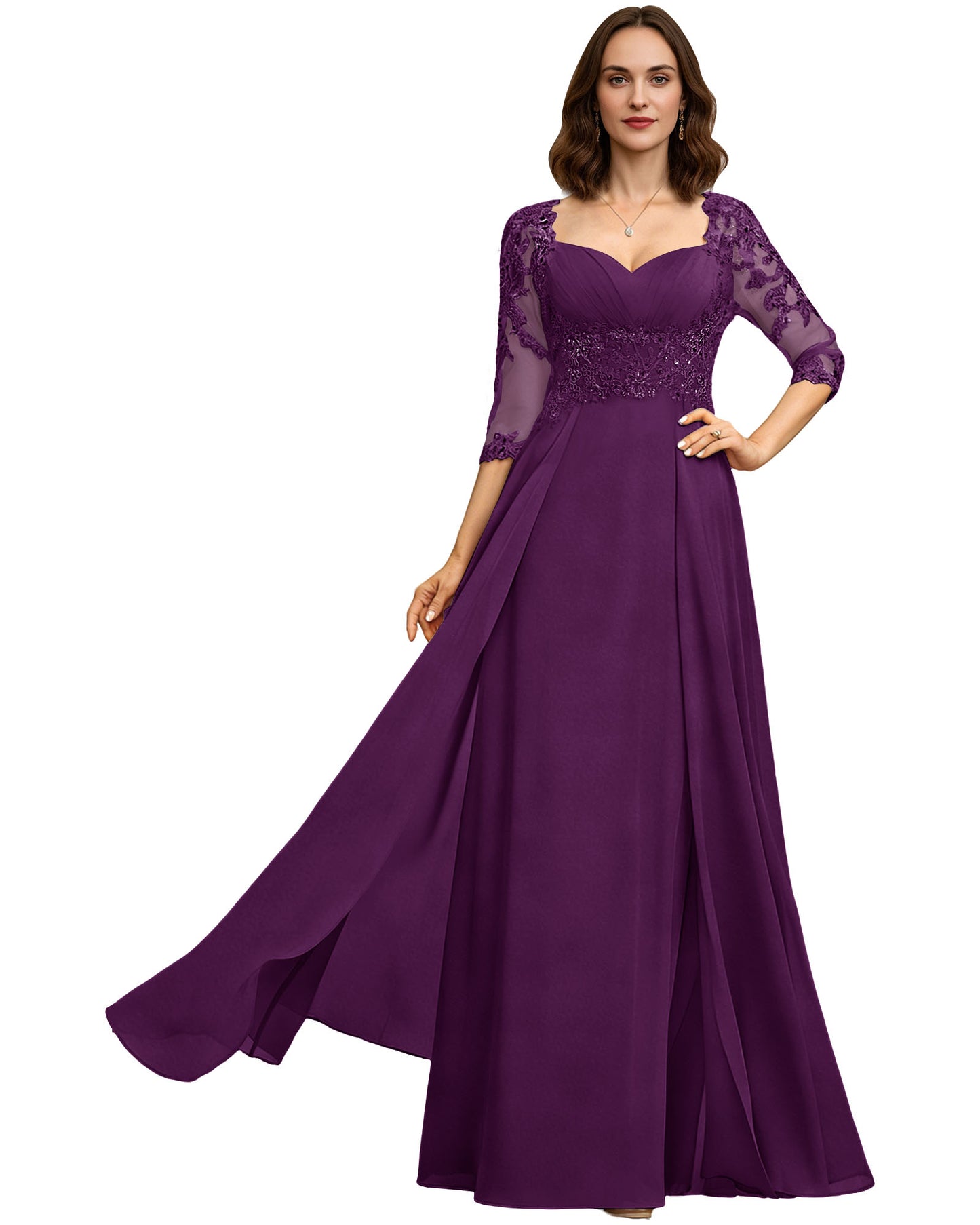 Long Sweetheart Mother of the Bride Dress Lace 3/4 Sleeve Chiffon A-Line Gown