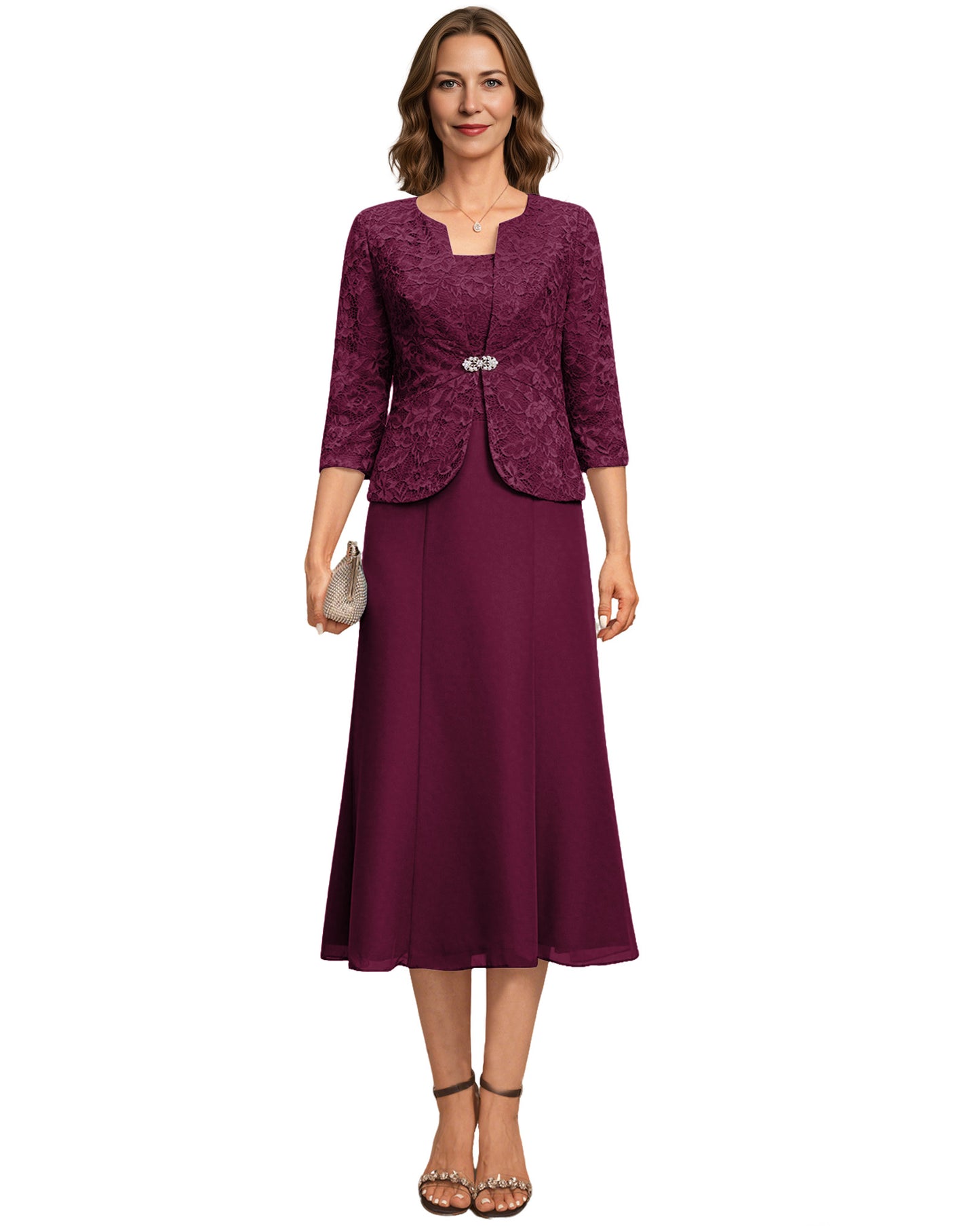 Tea Length Mother of the Bride Dress Lace Jacket Chiffon A-Line Wedding Guest Outfit