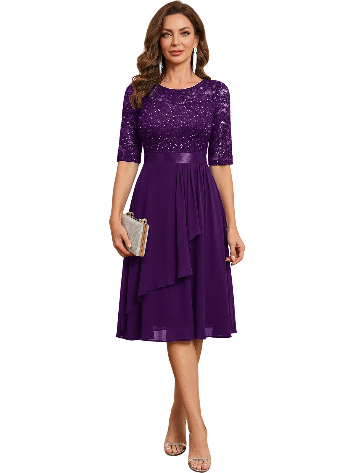 Knee Length Mother of the Bride Dress Sequined Lace Bodice Chiffon Skirt Formal Guest Outfit