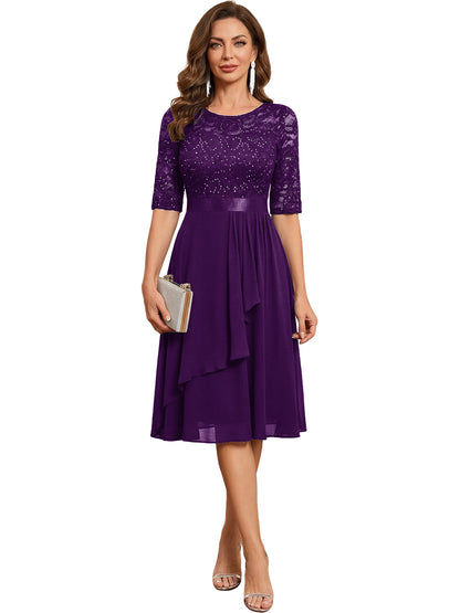 Plum Knee Length Mother of the Bride Dress Sequined Lace Bodice Chiffon Skirt Formal Guest Outfit color option