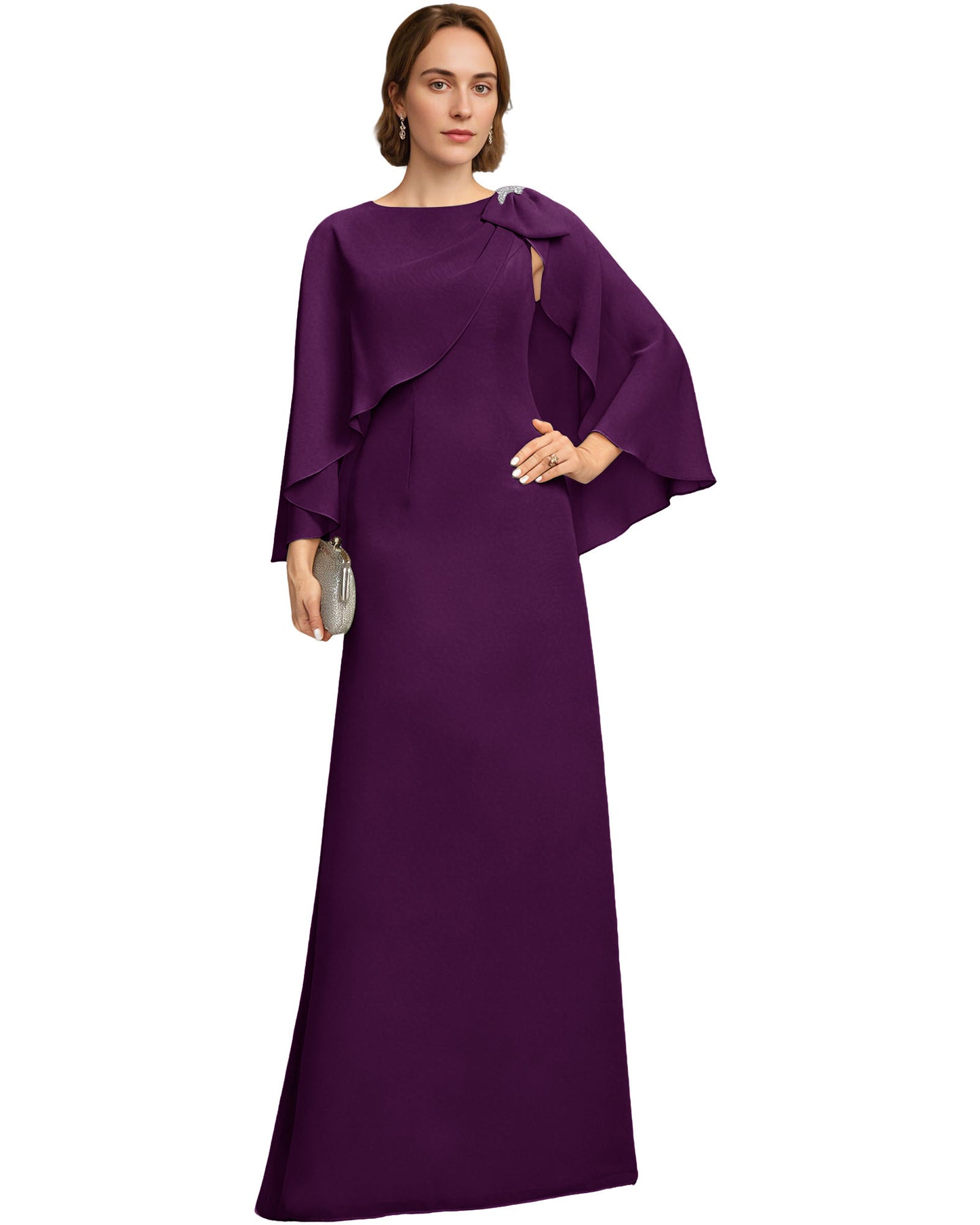 Long Cape Sleeve Mother of the Bride Dress Jewel Neck Chiffon Column Gown with Bow Detail