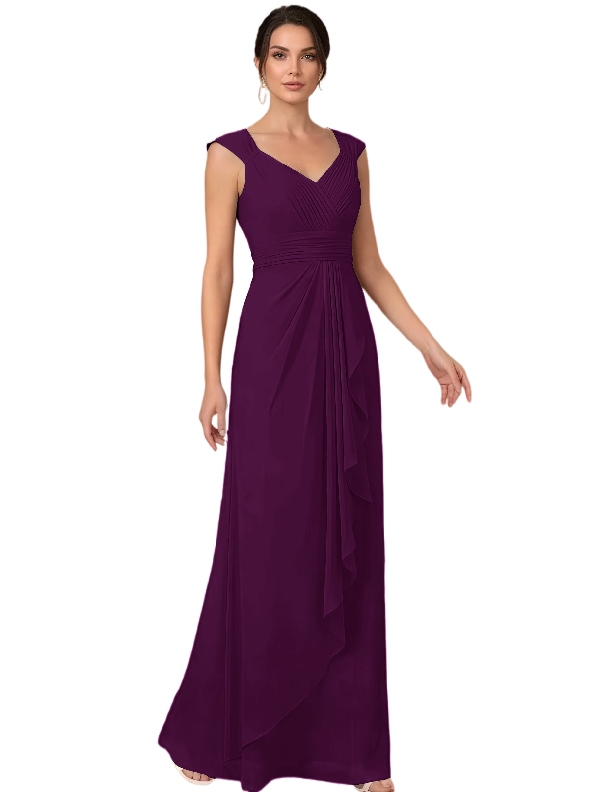 Mother of the Bride Dress Long Sleeveless V-Neck Chiffon Formal Gown with Ruffle Detail