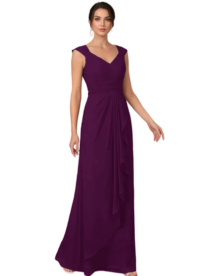Mother of the Bride Dress Long Sleeveless V-Neck Chiffon Formal Gown with Ruffle Detail