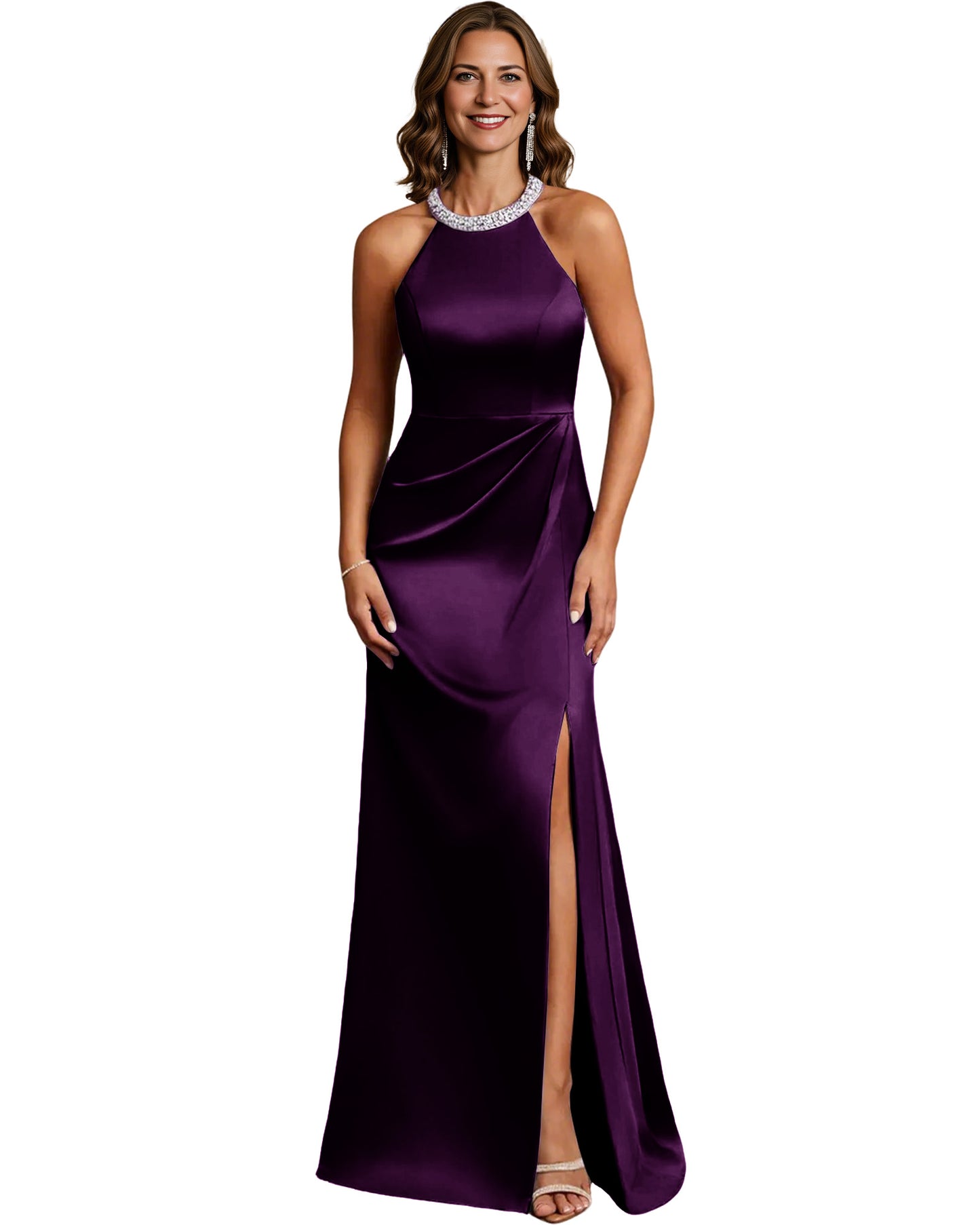 Halter Neck Mother of the Bride Dress Satin Mermaid Gown with Beaded Collar and Slit