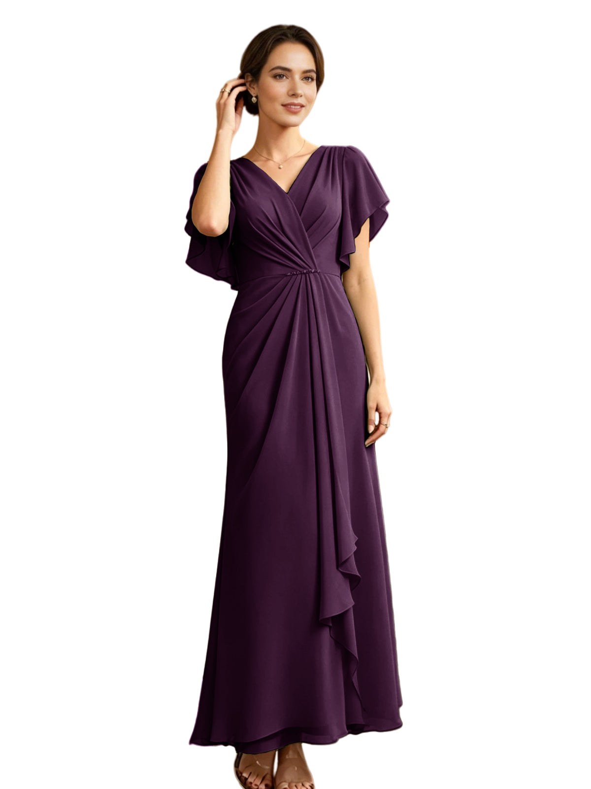 Long Chiffon Mother of the Bride Dress V-Neck Flutter Sleeve A-Line Gown with Beaded Waist