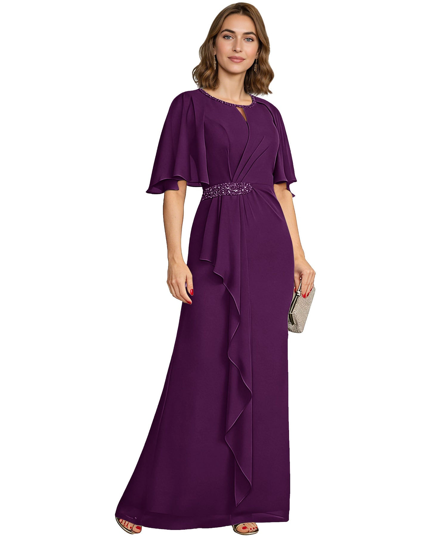 Long Mother of the Bride Dress Chiffon Flutter Sleeve Beaded Waist Formal A-Line Gown