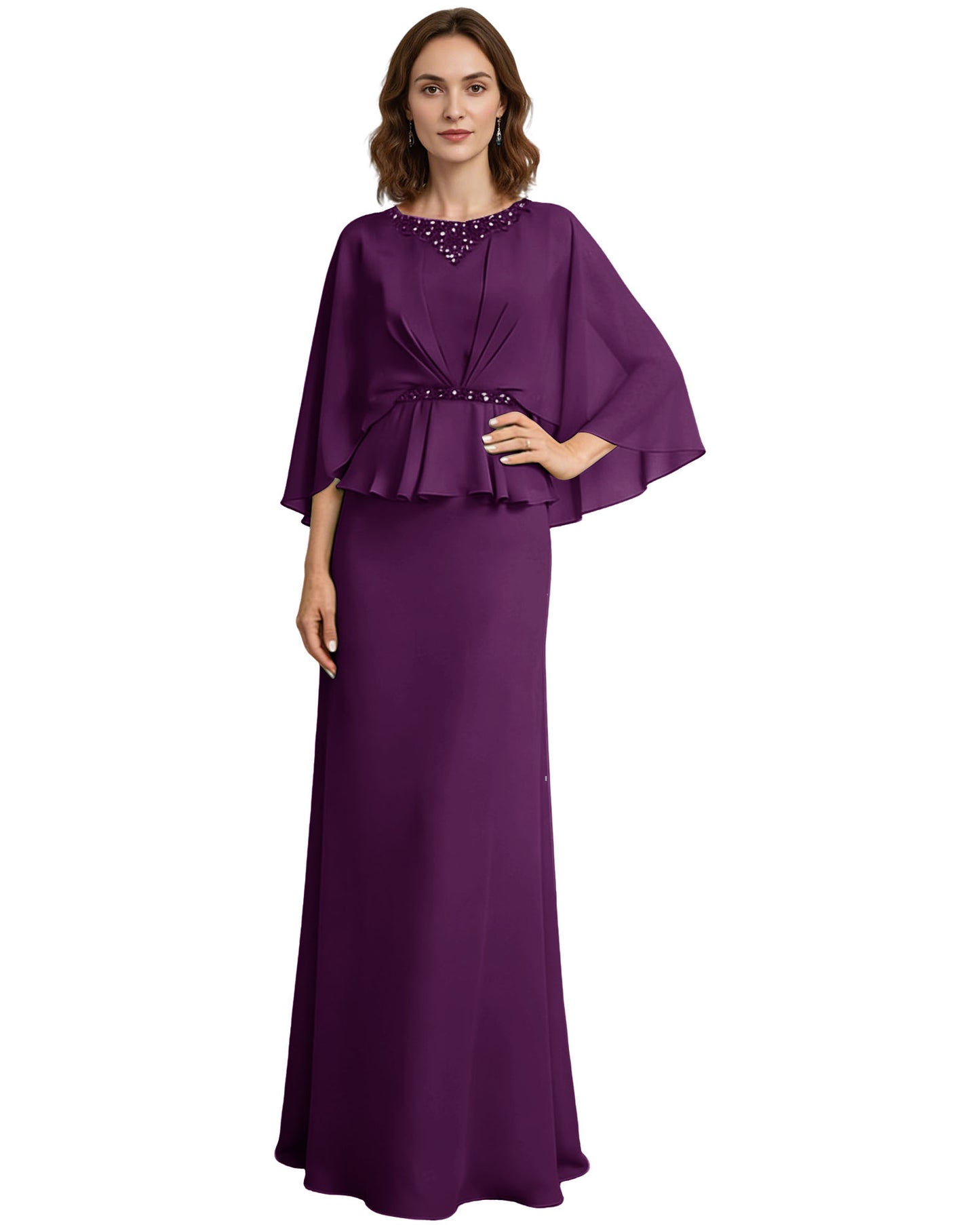 Capelet Mother of the Bride Dress Long Beaded Neck Peplum Chiffon Formal Gown