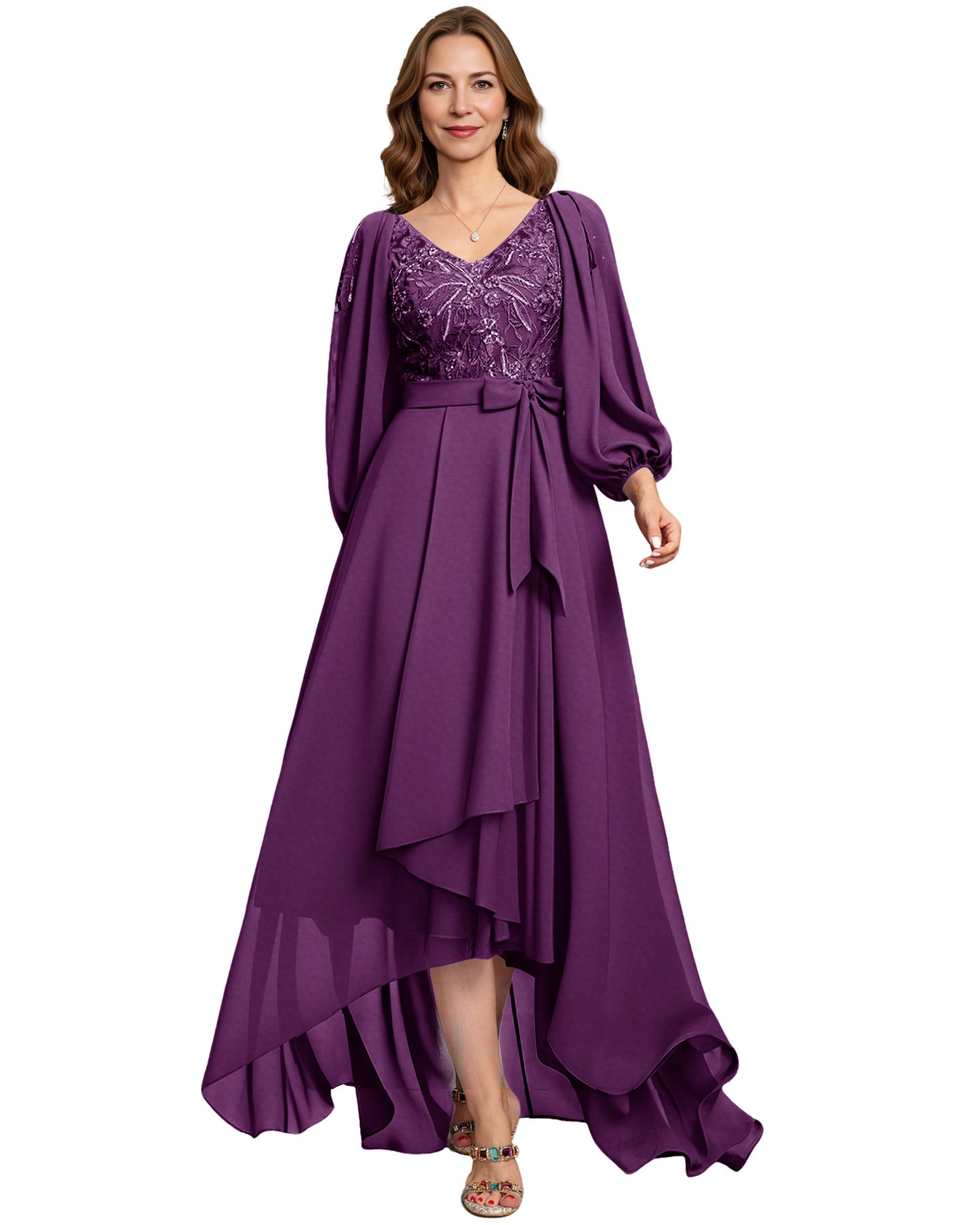 High Low Mother of the Bride Dress Lace Bodice Chiffon Jacket Formal Wedding Gown