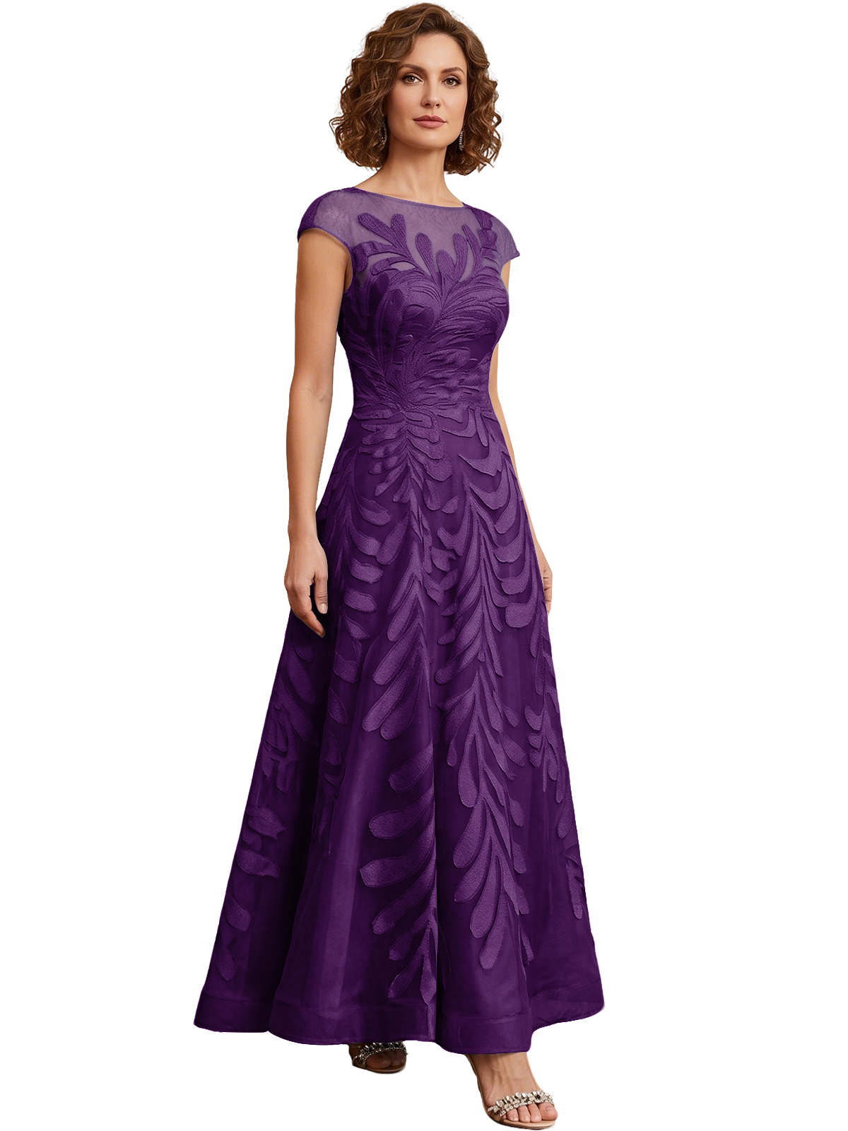Embroidered Tulle Mother of the Bride Dress Long A-Line Gown with Illusion Cap Sleeves