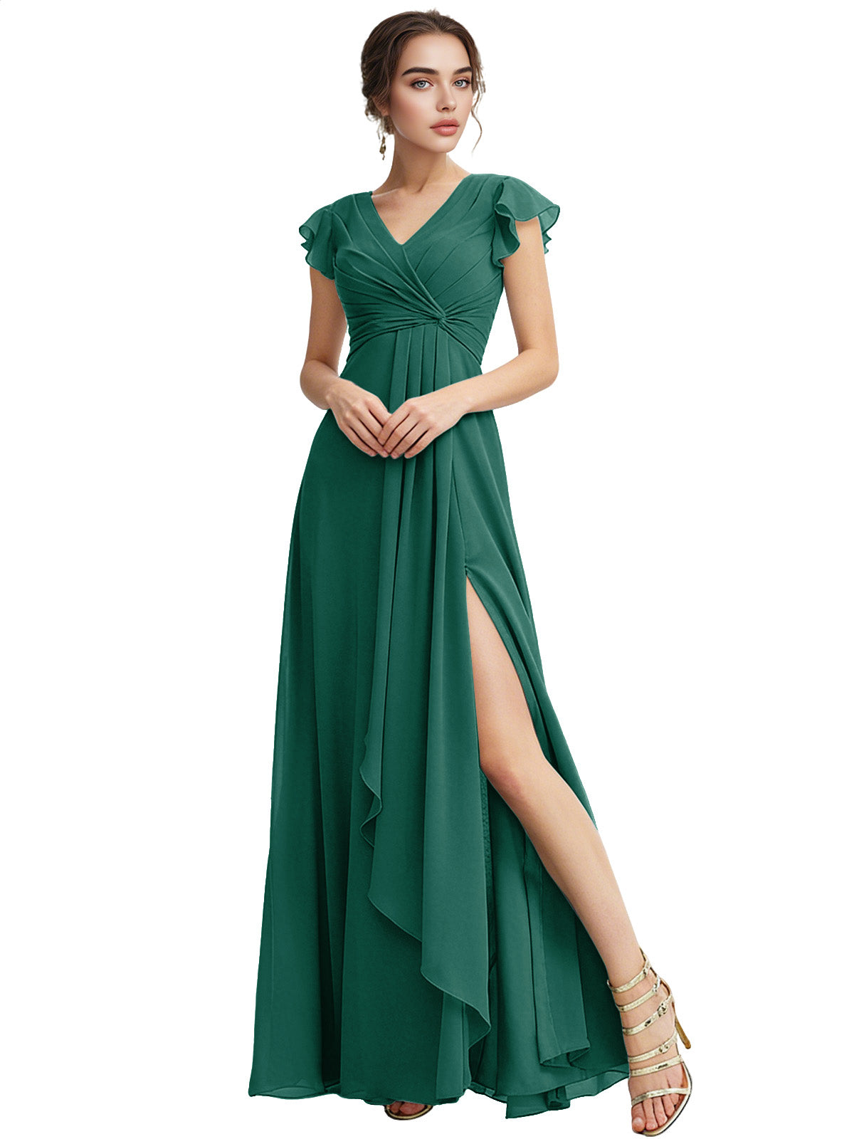 Cap Sleeve Chiffon Bridesmaid Dress with Ruffle V-Neck and Slit