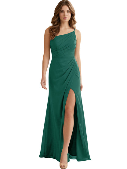 One Shoulder Ruched Chiffon Bridesmaid Dress with Front Slit