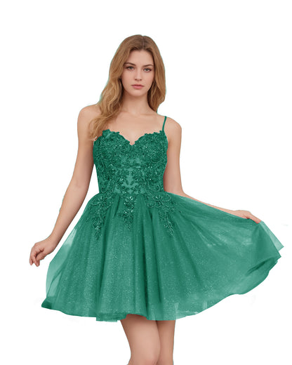 Spaghetti Strap Beaded Corset Glitter Tulle Homecoming Dress