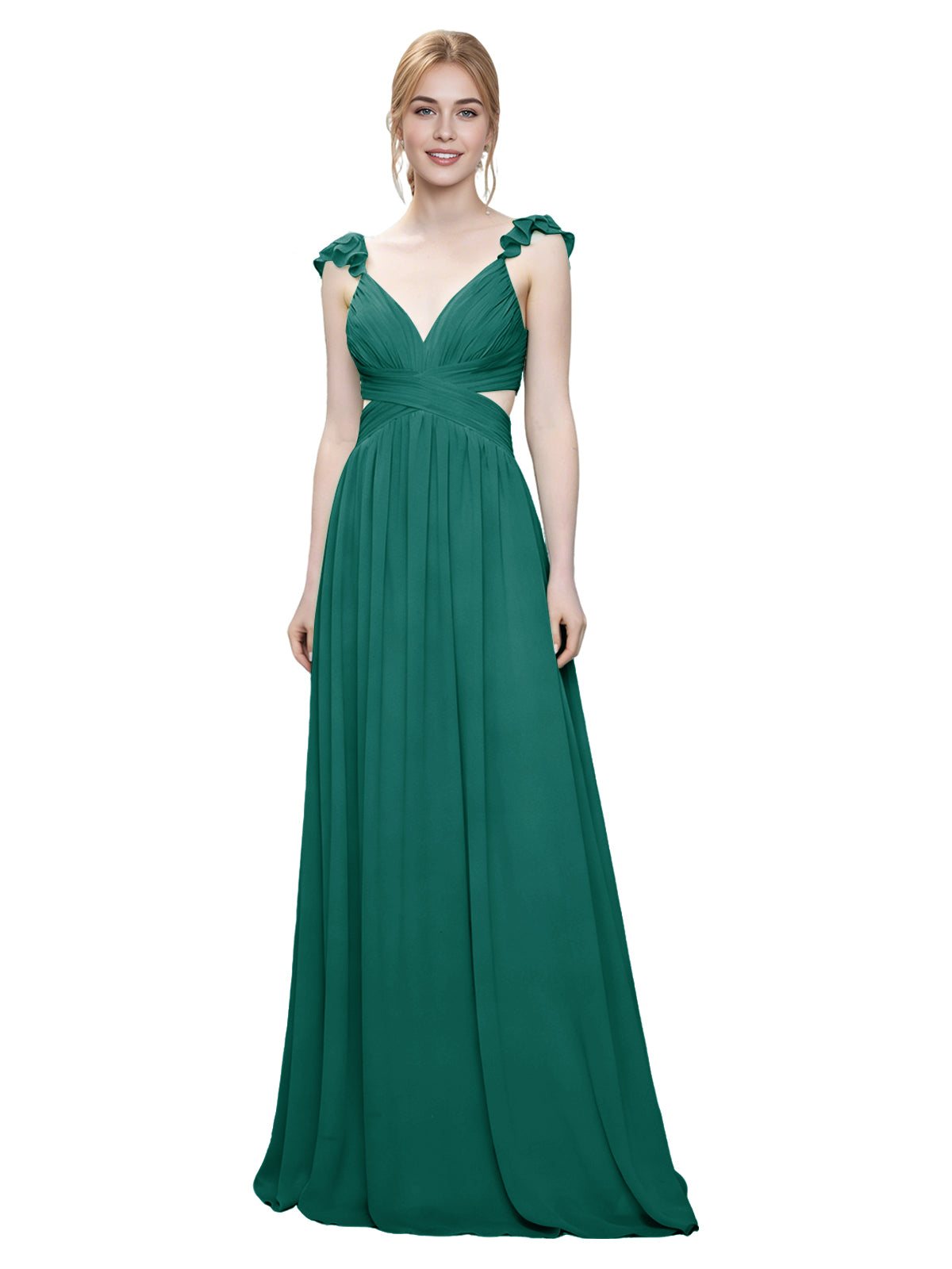 Ruffle Strap V-Neck Tulle Bridesmaid Dress with Pleated Waist