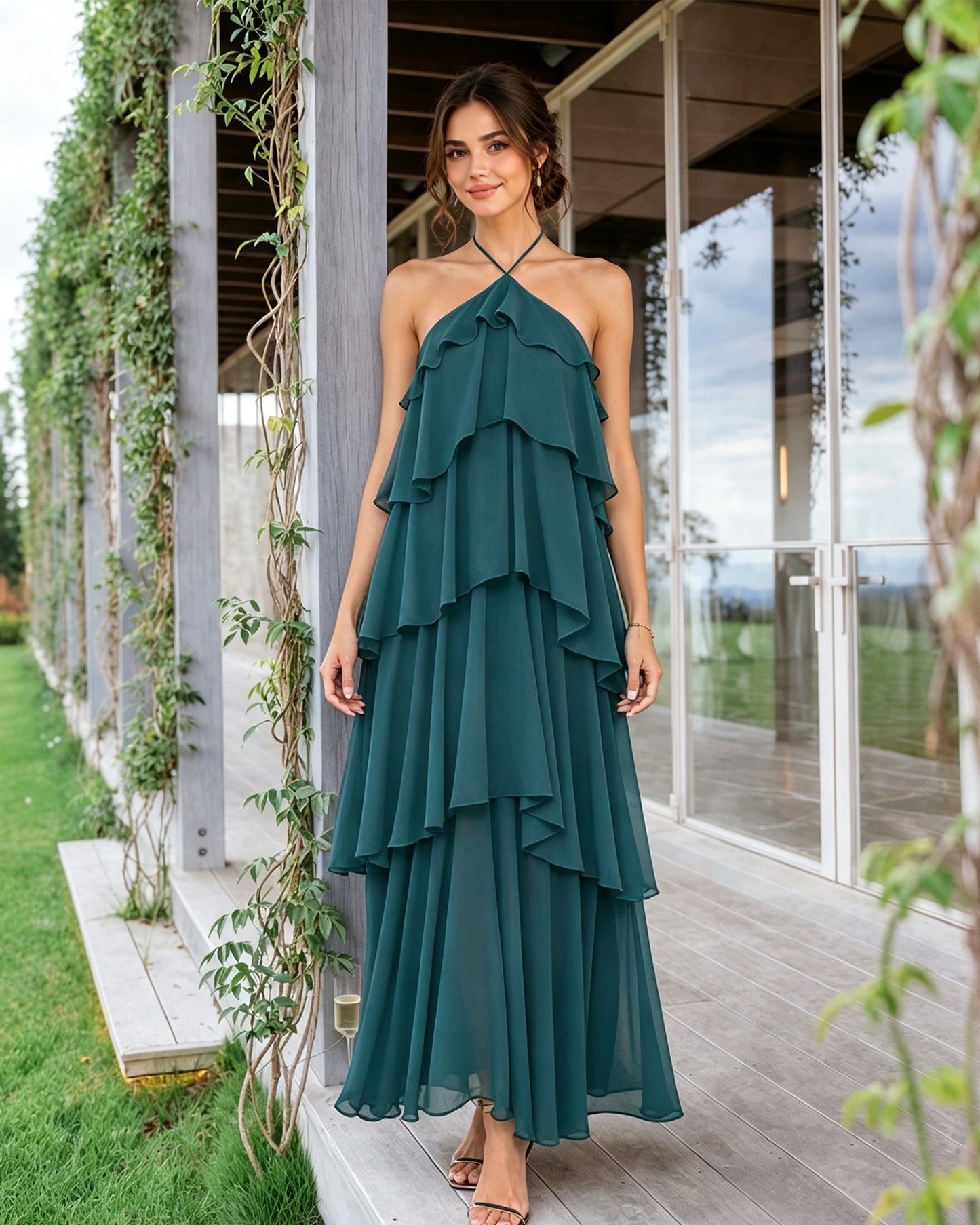 Halter Neck Tiered Chiffon Bridesmaid Dress with Ruffle Overlay