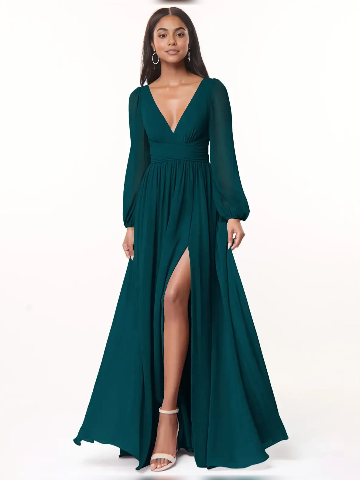 Slit Plunging Neckline A-Line Floor-Length Chiffon Bridesmaid Dress for Wedding Ceremony