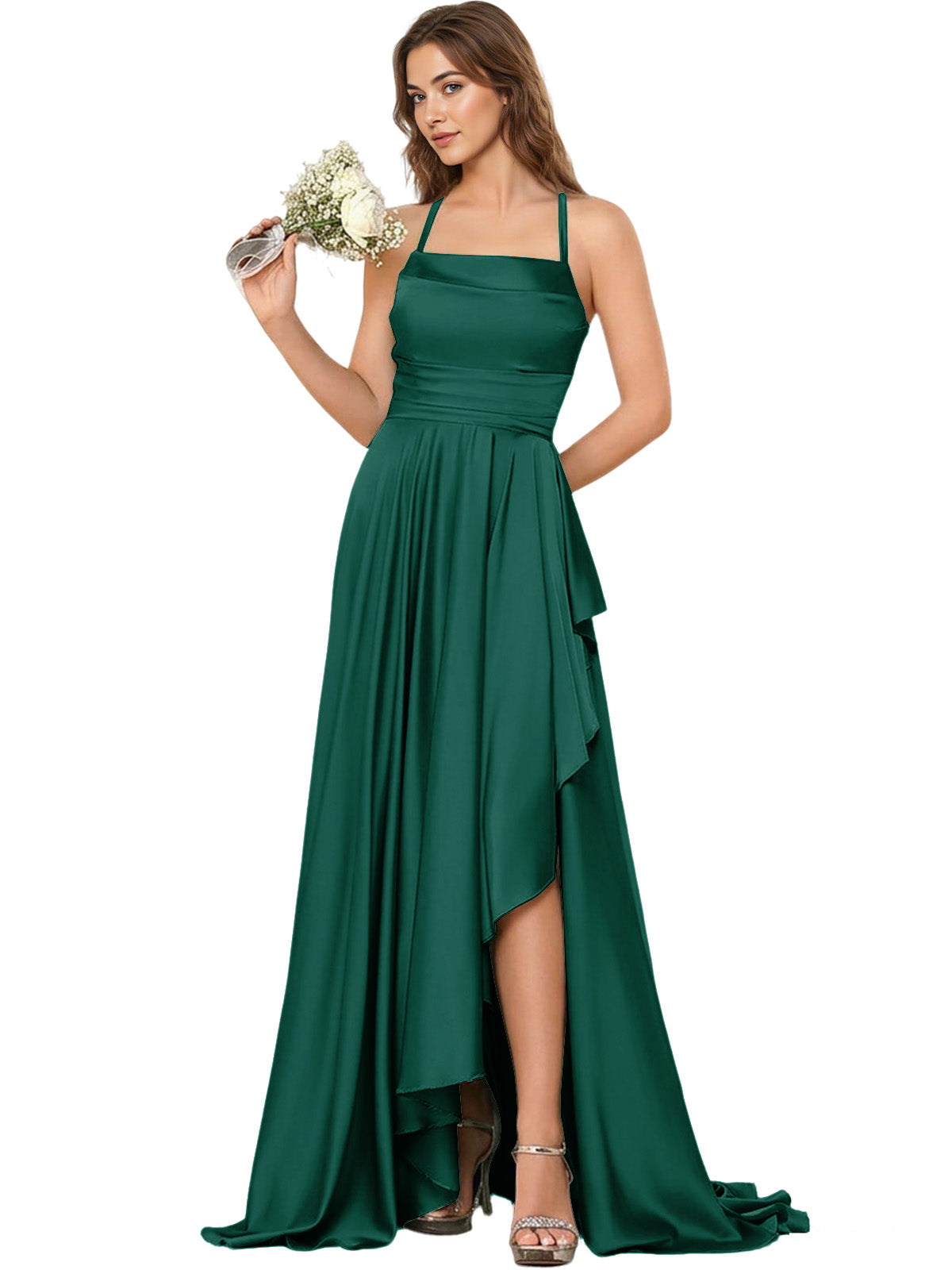 Open Back Halter Bridesmaid Dress with High Low Overlay dress