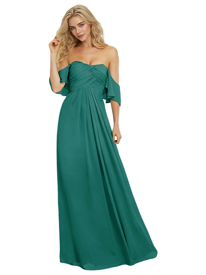 Off Shoulder Chiffon Bridesmaid Dress with Bow Sleeve Detail