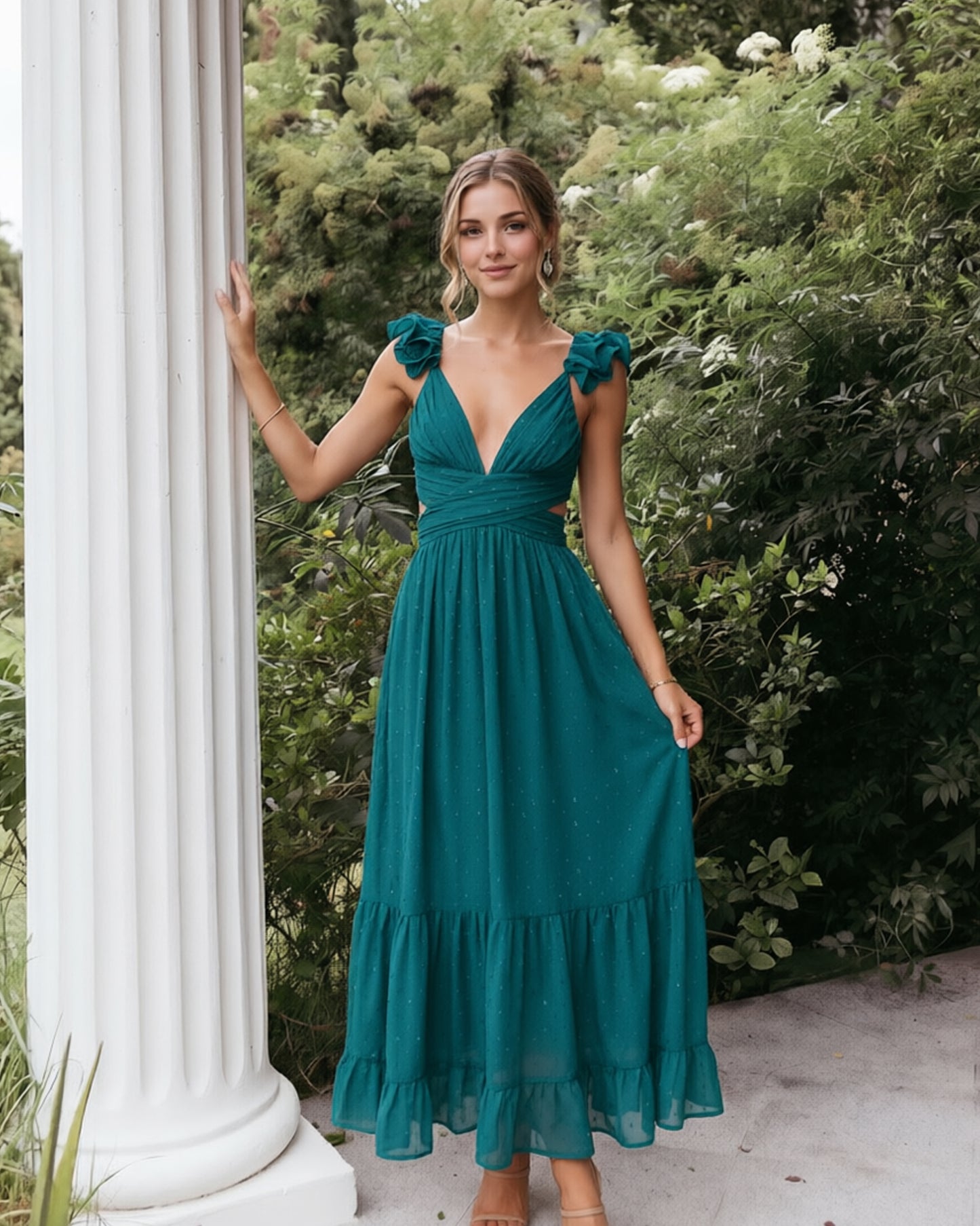Deep V-Neck Swiss Dot Chiffon Bridesmaid Dress with Ruffle Straps