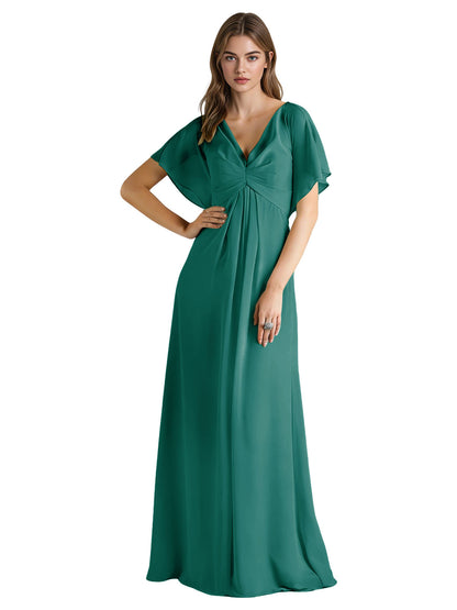 Short Sleeve V-Neck Chiffon Bridesmaid Dress with Gathered Waist