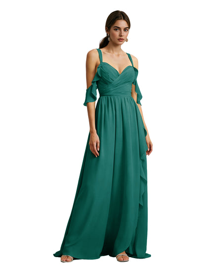 Cold Shoulder Chiffon Bridesmaid Dress with Draped V-Neck Bodice