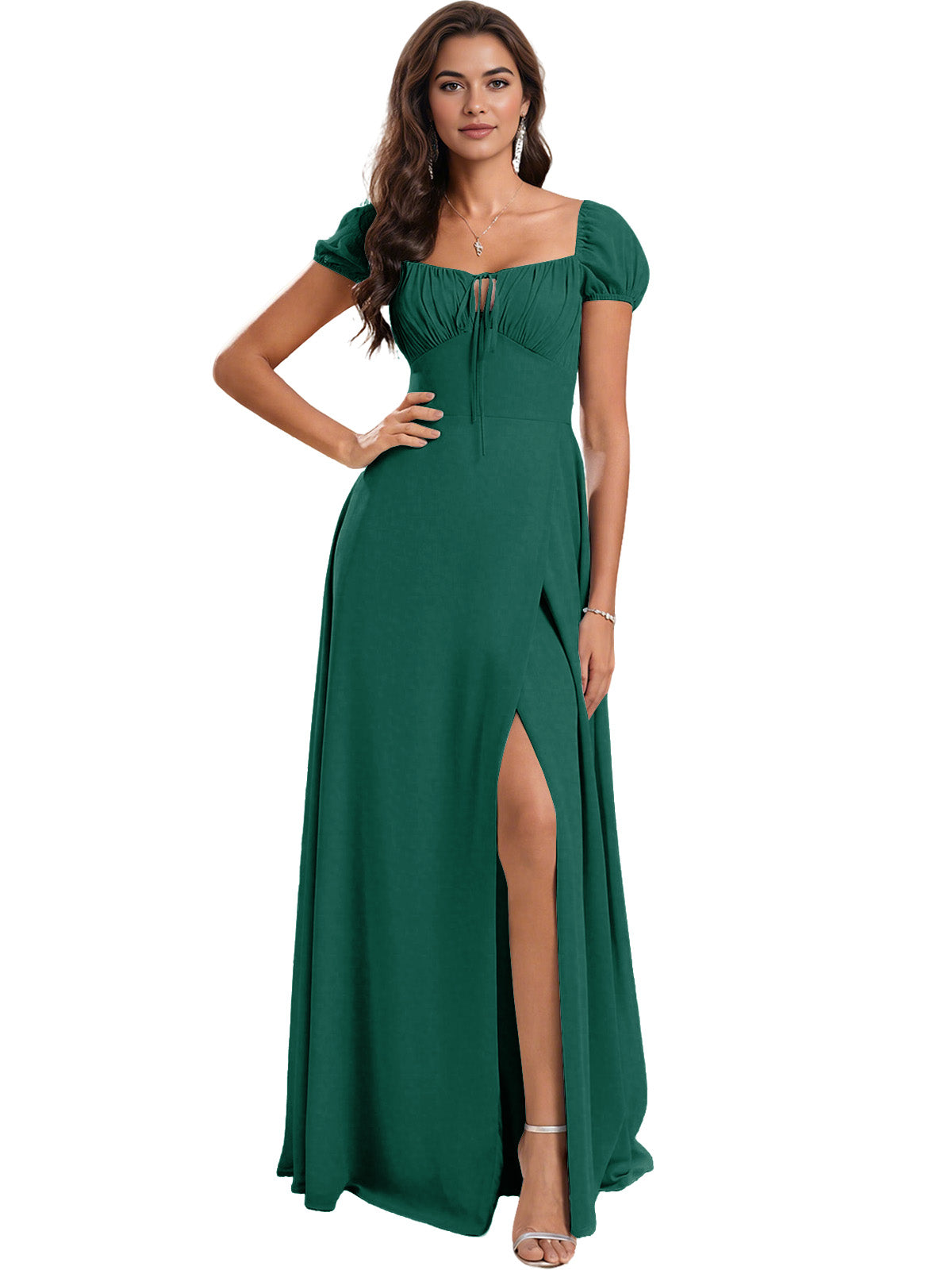 Ruched Short Sleeve Chiffon Bridesmaid Dress with Side Slit