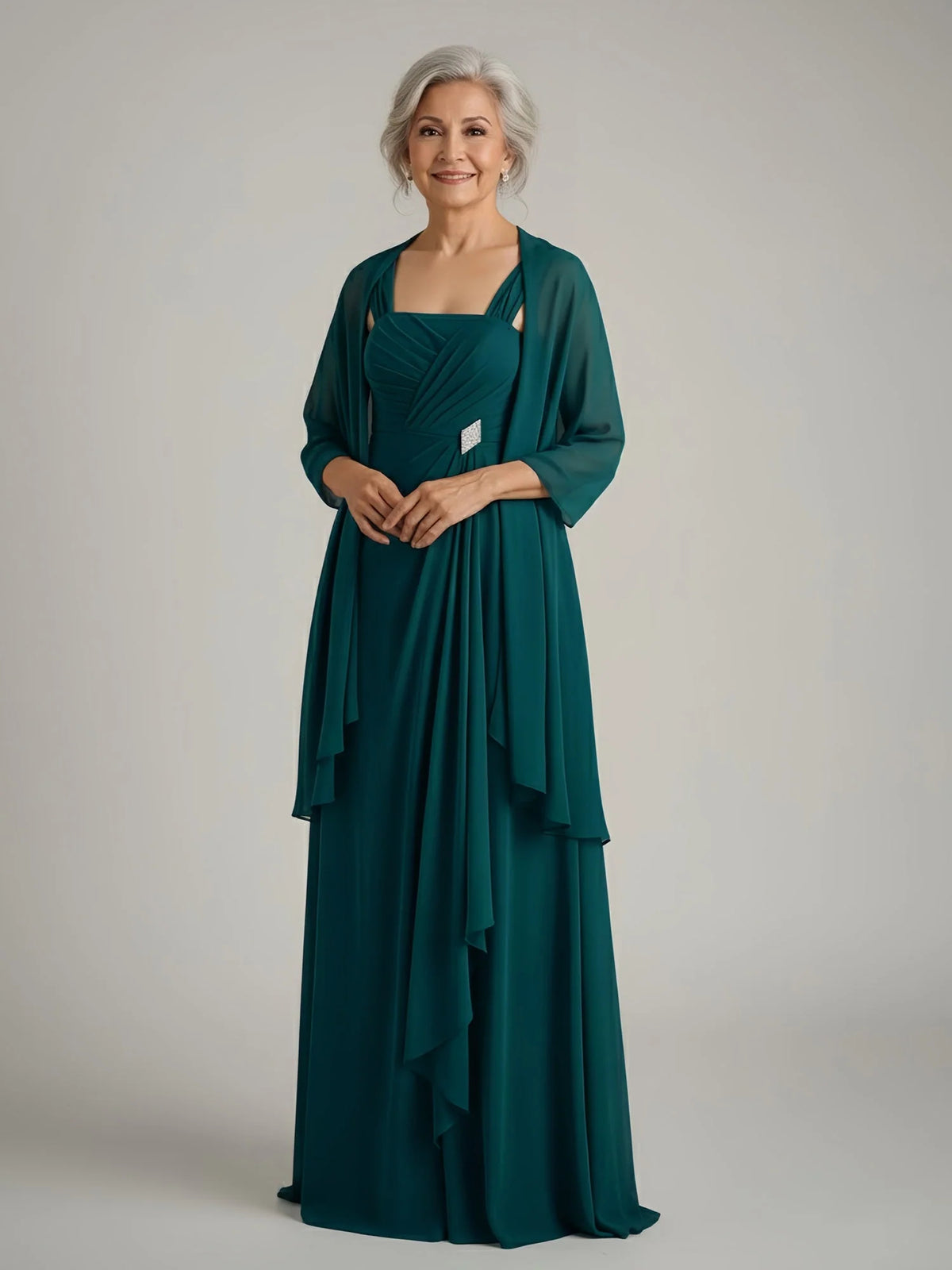 Ruched Beaded V-Neck A-Line Floor-Length Chiffon Mother of the Bride Dress for Destination Wedding