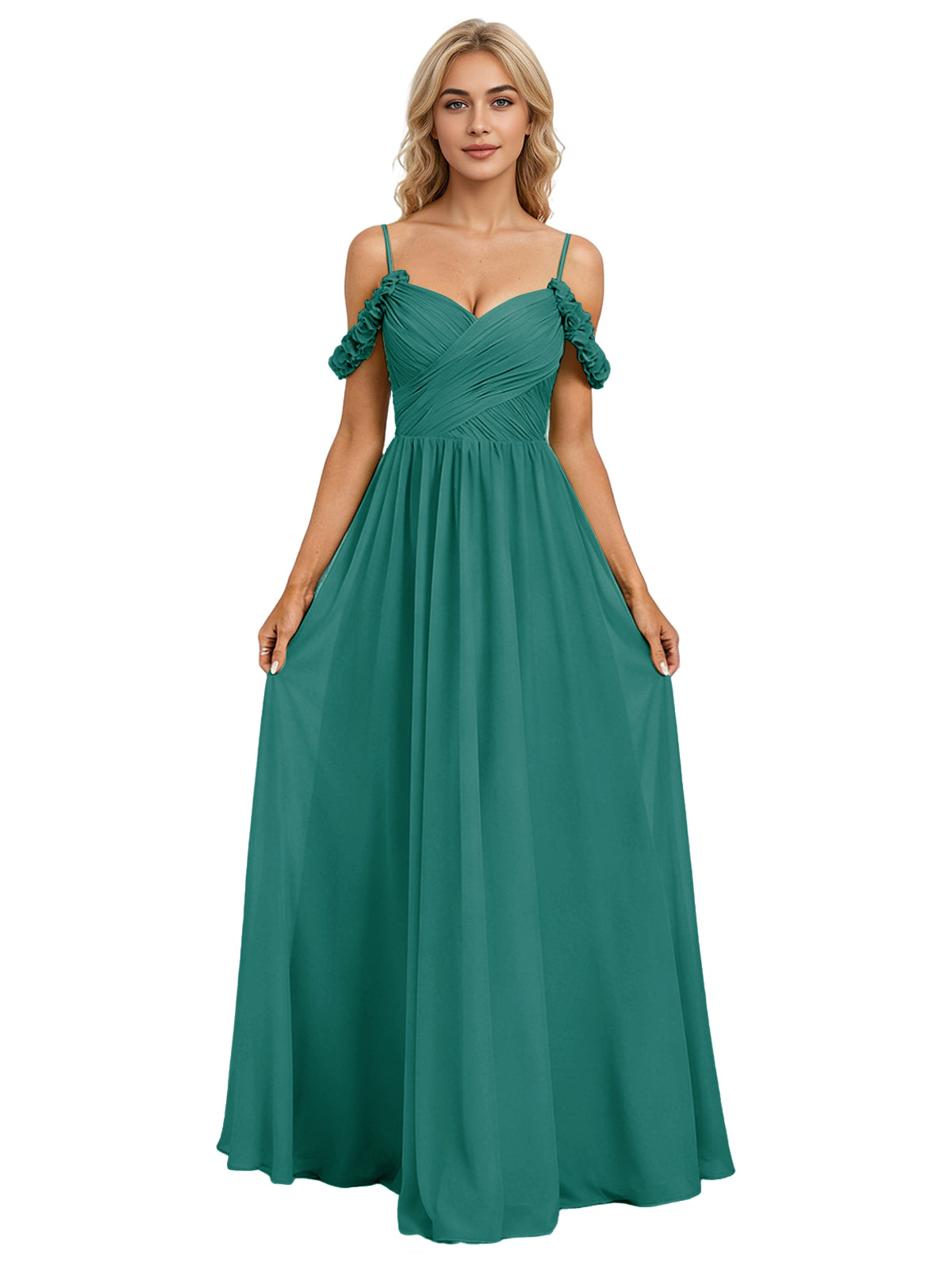 Off Shoulder Lace Applique Bridesmaid Dress with Flowing Chiffon dress