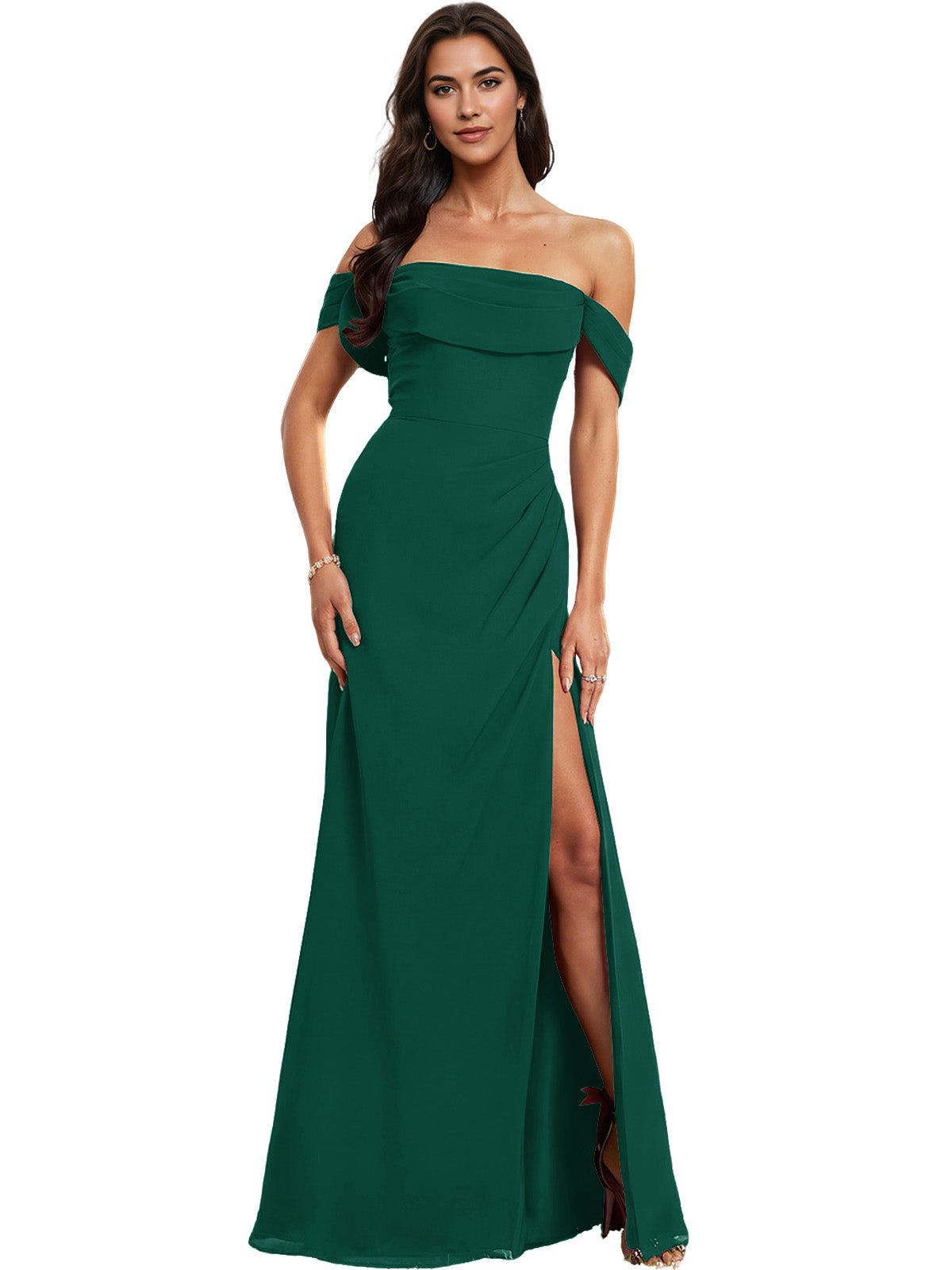 Off Shoulder Crepe Bridesmaid Dress with Foldover Neckline and Slit