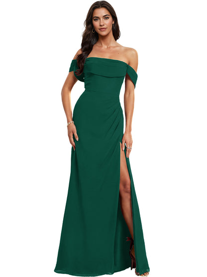 Off Shoulder Crepe Bridesmaid Dress with Foldover Neckline and Slit