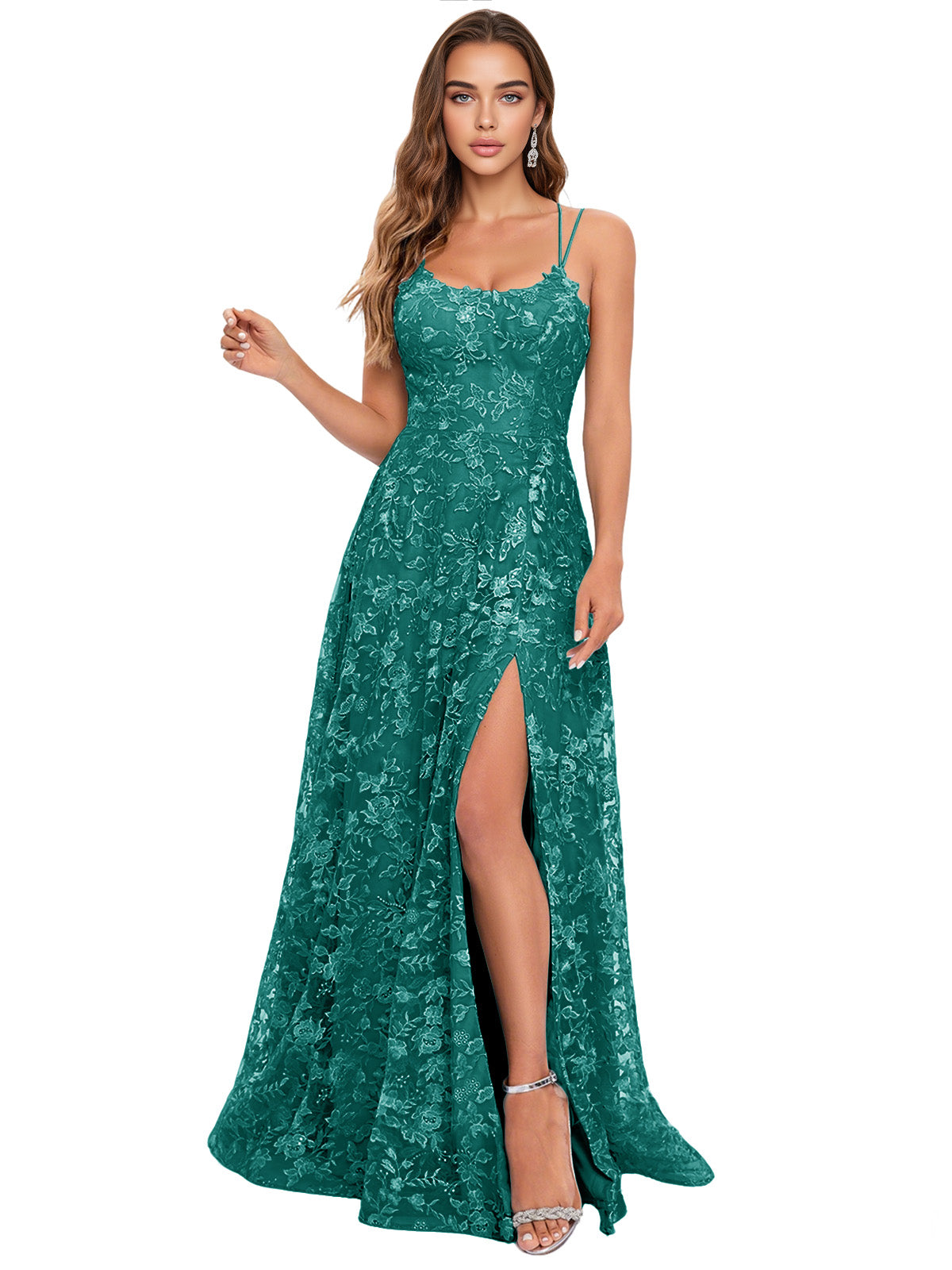 Scoop Neck Lace A-Line Prom Dress with Spaghetti Straps and Side Slit