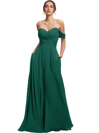 Off Shoulder Chiffon Bridesmaid Dress with Draped Bodice and A-Line Dress